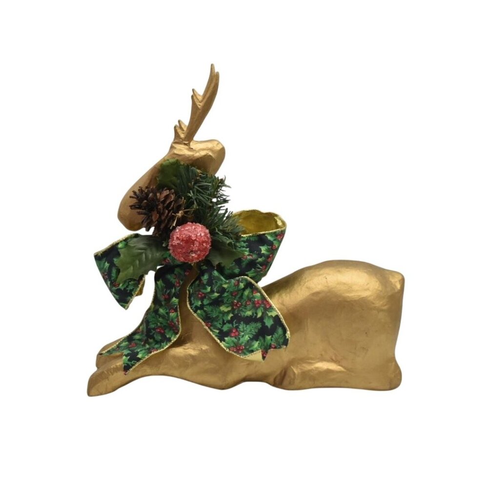 Gold Reindeer Figurine Paper Mace Laying Green Holiday Ribbon Pinecone